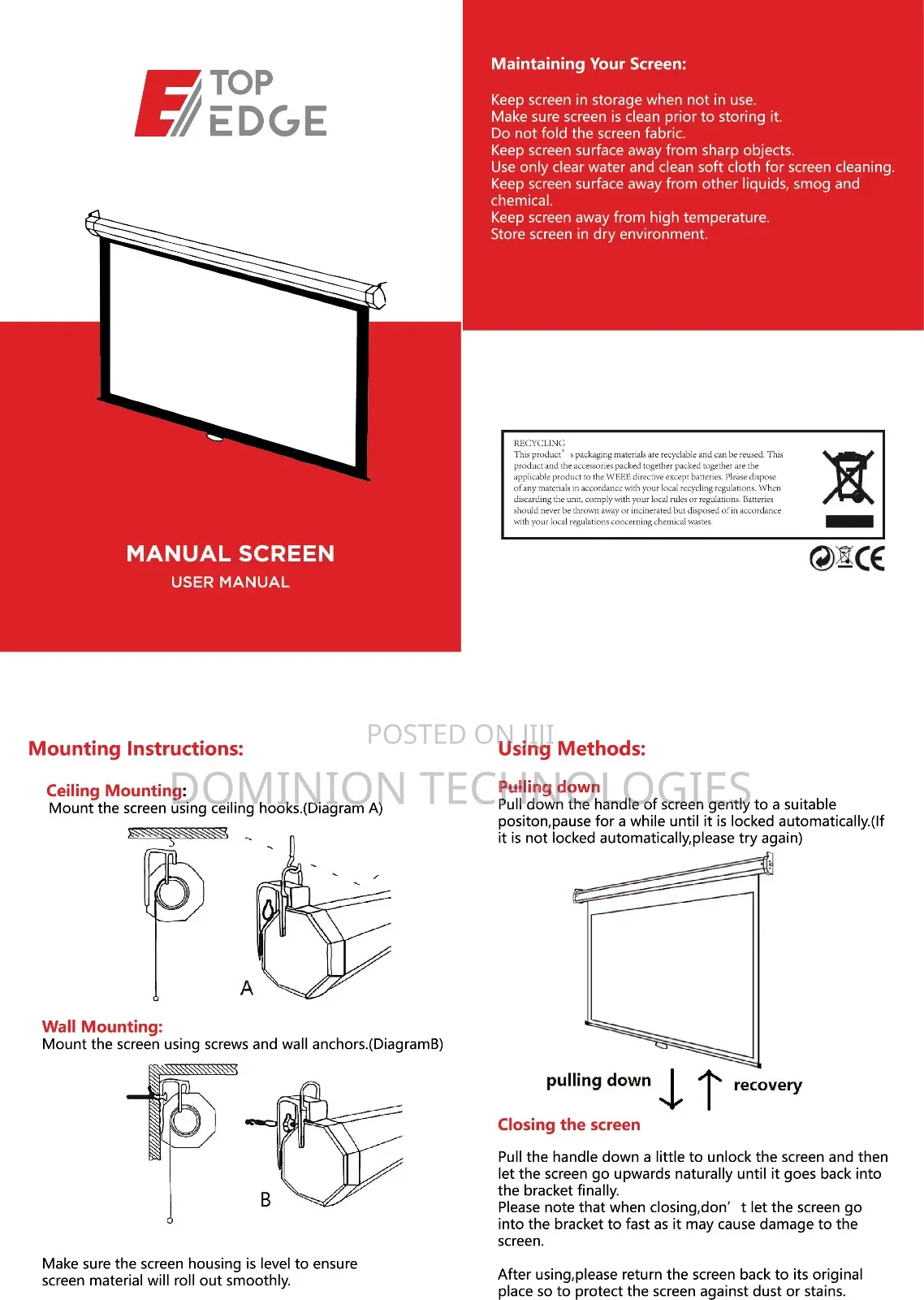 Top Edge 250*250 Manual Projector Screen