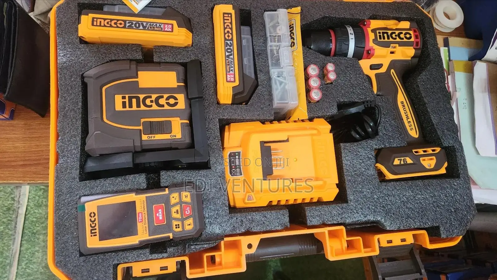 Ingco Cordless Drill 20v 76nm + Laser Level + Laser Distance Detector
