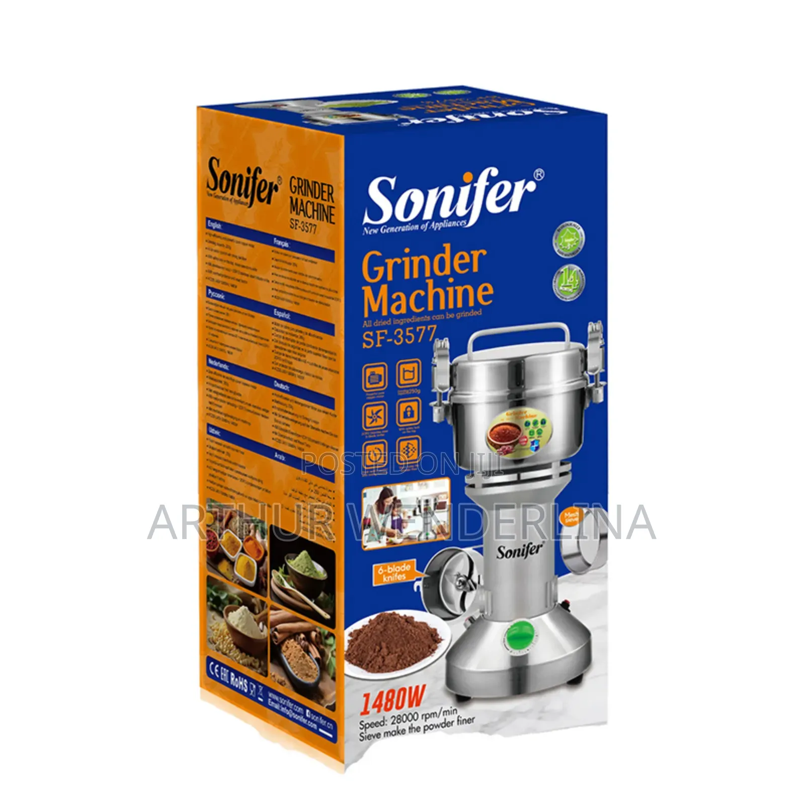 Sonifer Stainless Steel Grinder Coffee, Spice Grinder 1480w .(250g)