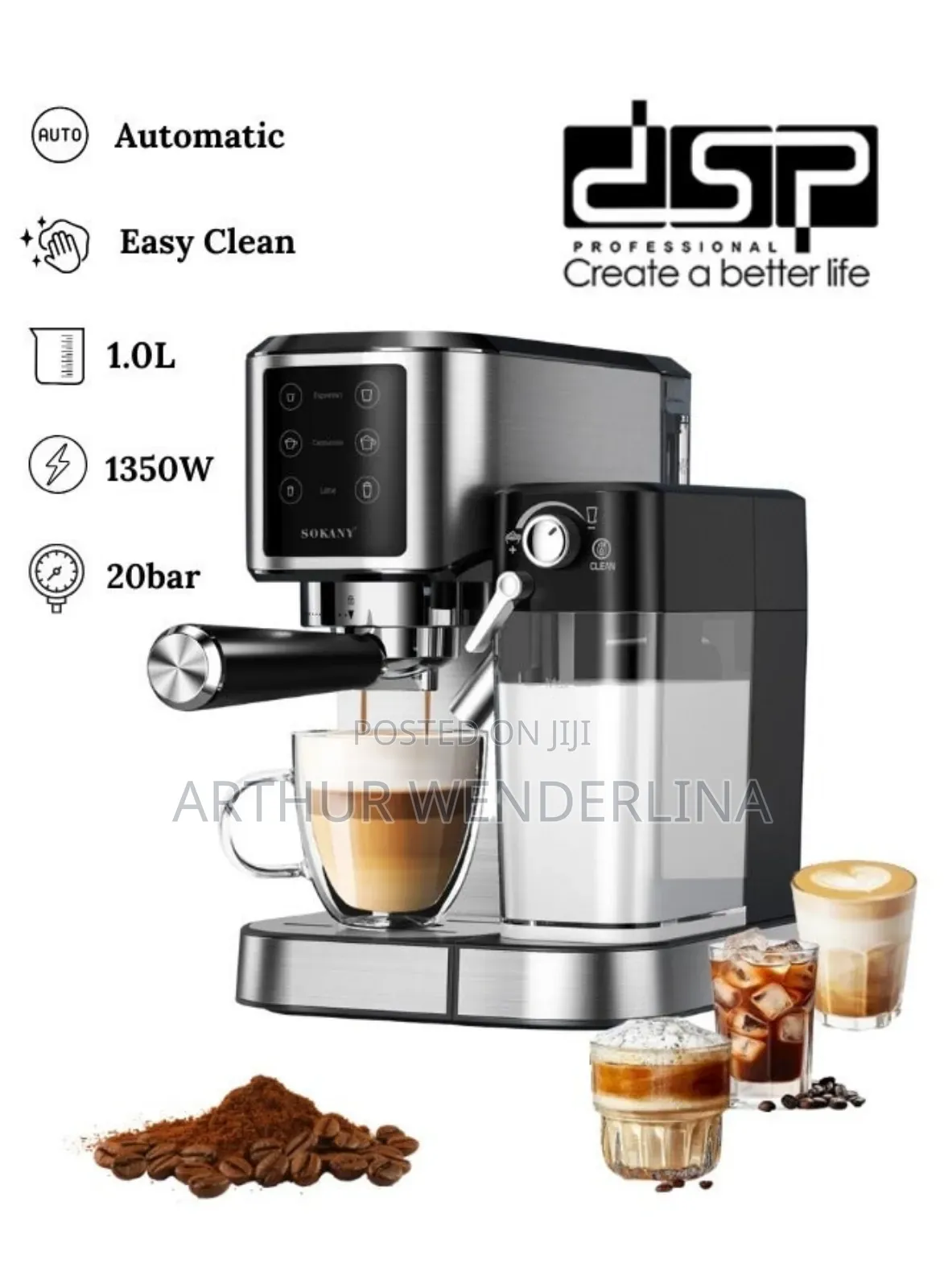 Dsp- Espresso & Latte & Cappuccino Machine 1350watt. Milk Frother -