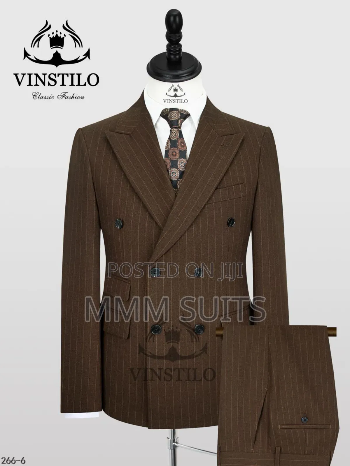 Simple and Elegant Vinstillo Double-Breasted Striped Men's Suit Brown