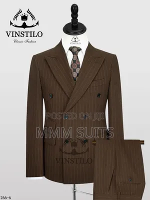 Simple and Elegant Vinstillo Double-Breasted Striped Men's Suit Brown