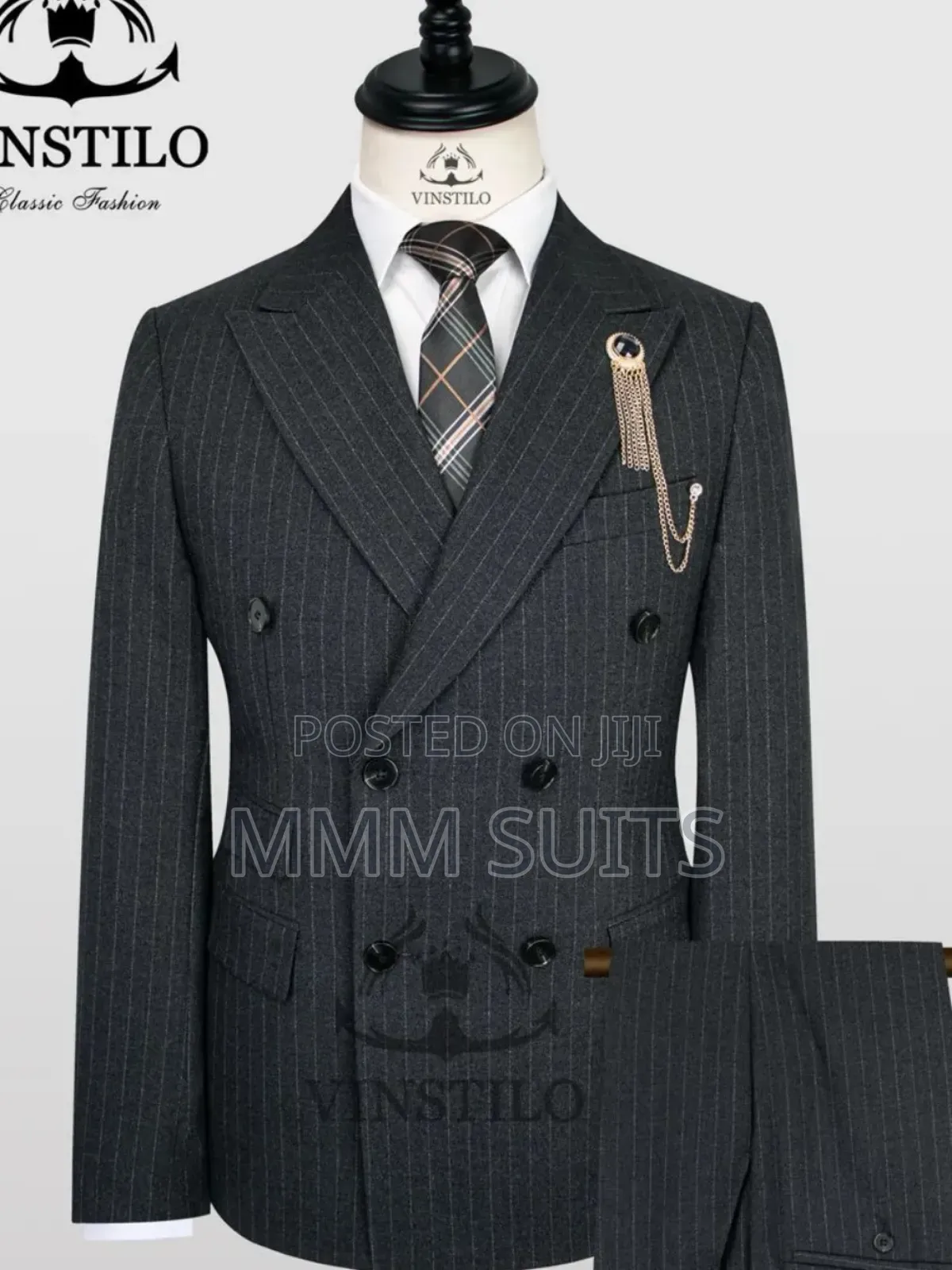 Classic and Simple Vinstillo Double-Breasted Striped Men's Suit Grey