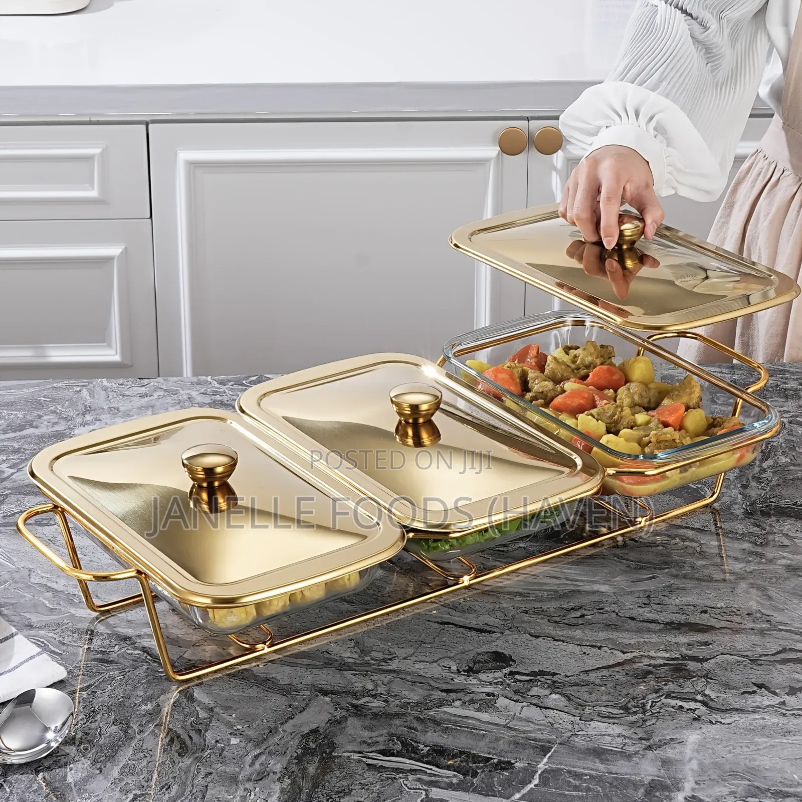 Luxurious Gold-Rimmed Rectangular Glass Chafers
