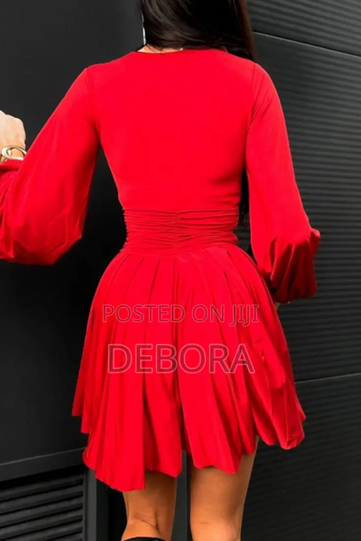 Women Pleated Button Bodycon Long Sleeve Dress
