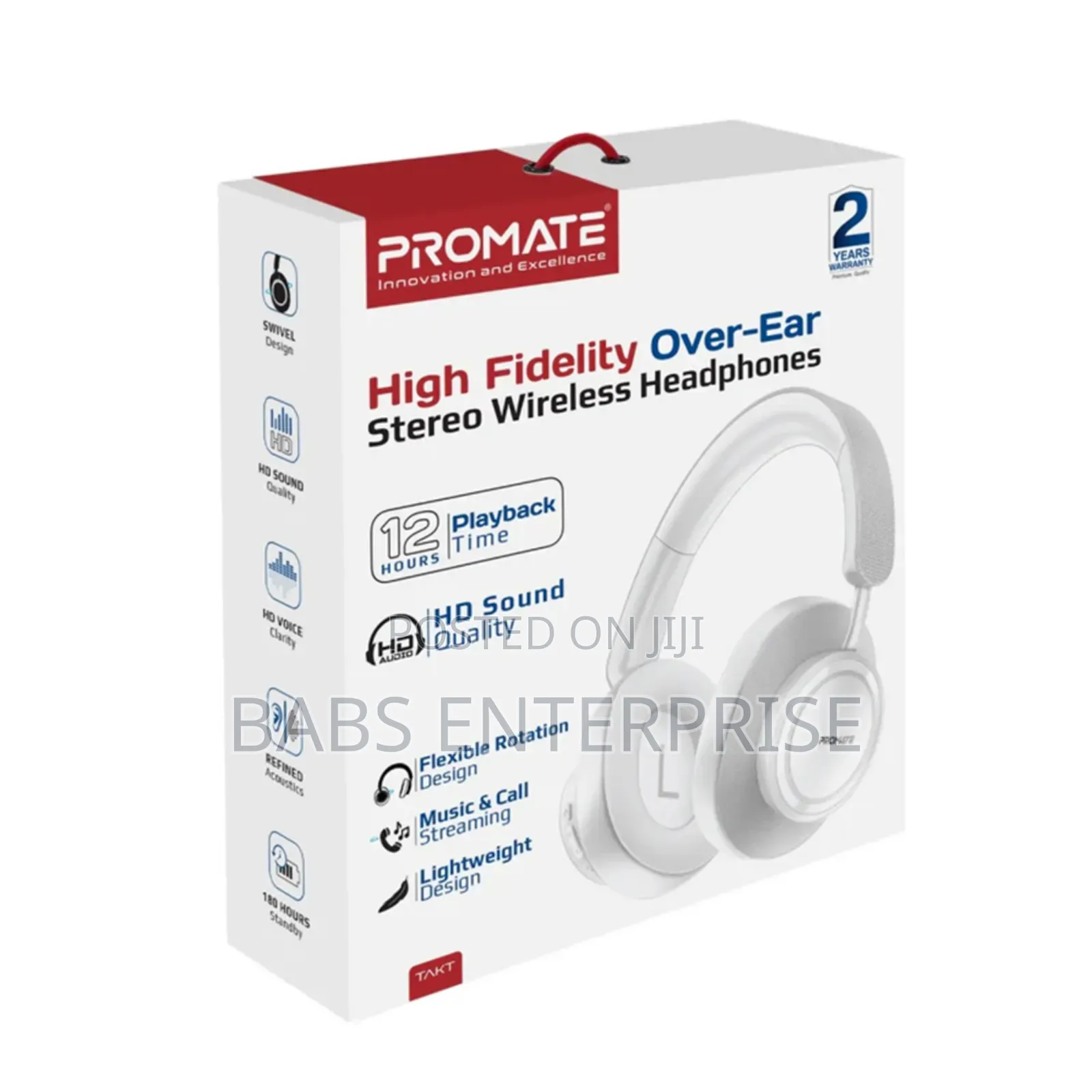 Promate Takt High Fidelity Over-ear Stereo Wireless Headphones – White