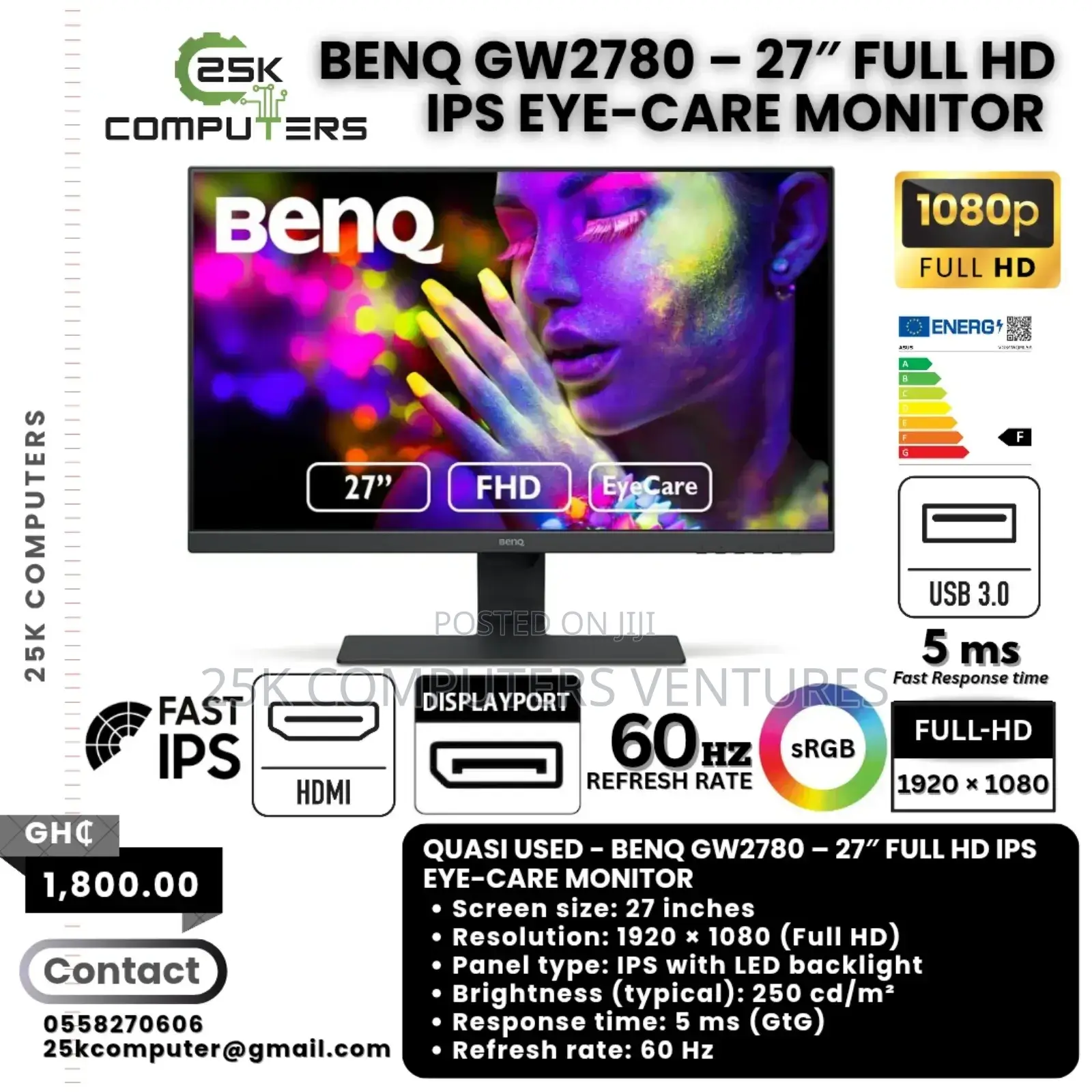 Benq 27" Full Hd Ips Eye-care Monitor 60hz, Hdmi, Displayport...