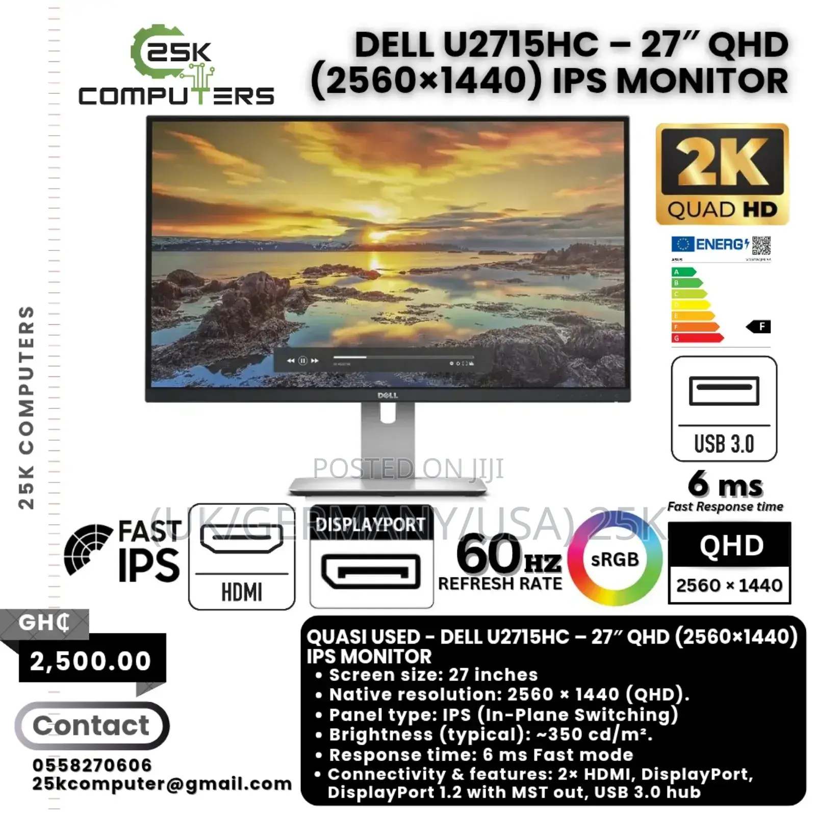 Dell Ultrasharp 27" Qhd Ips Monitor 60 Hz, Usb 3.0, Displayport, Hdmi)