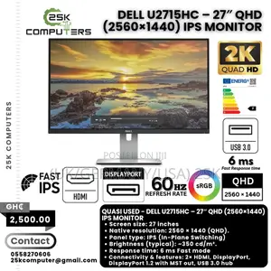 Dell Ultrasharp 27" Qhd Ips Monitor 60 Hz, Usb 3.0, Displayport, Hdmi)