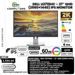 Dell Ultrasharp 27" Qhd Ips Monitor 60 Hz, Usb 3.0, Displayport, Hdmi)