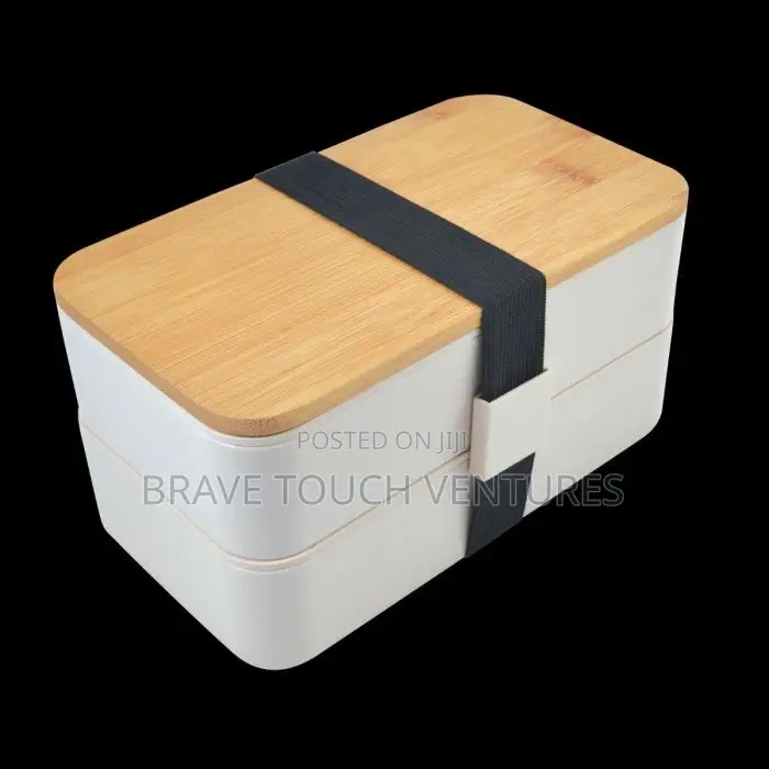 Double Layer Lunch Box With Cutlery Set and Bag Wooden Lid