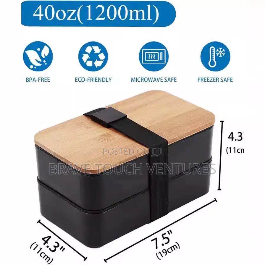 Double Layer Lunch Box With Cutlery Set and Bag Wooden Lid