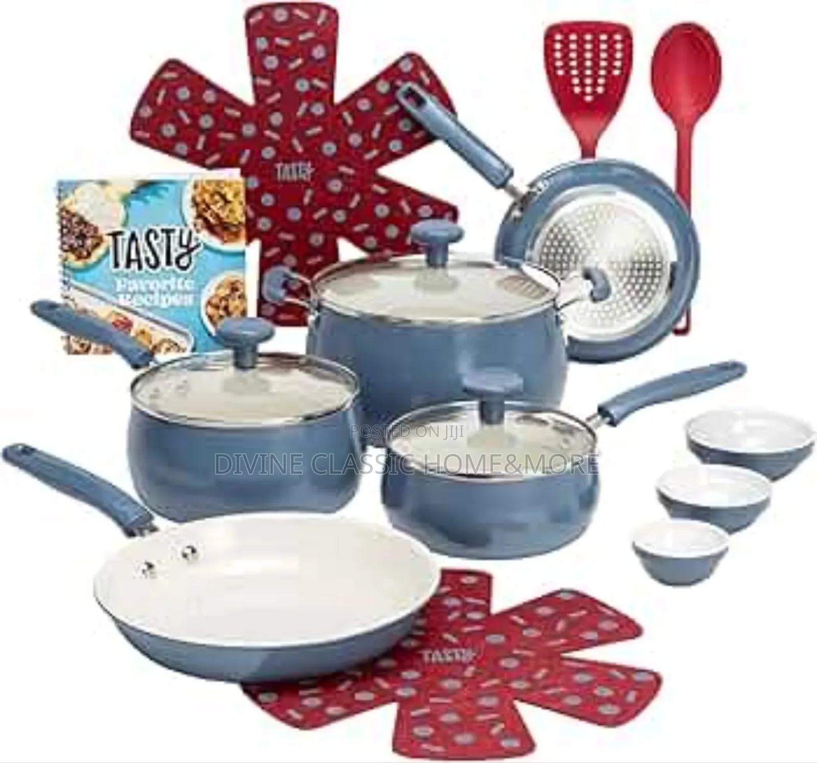 Tasty Clean Ceramic 16pcs Non-Stick Aluminium Cookware Set, Slate Blue