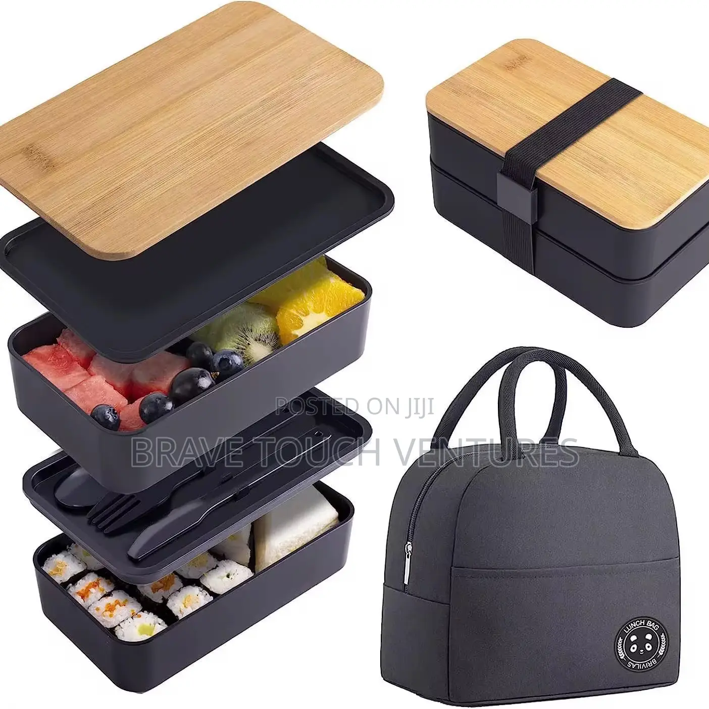 Double Layer Lunch Box With Cutlery Set and Bag Wooden Lid