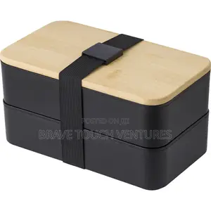 Double Layer Lunch Box With Cutlery Set and Bag Wooden Lid