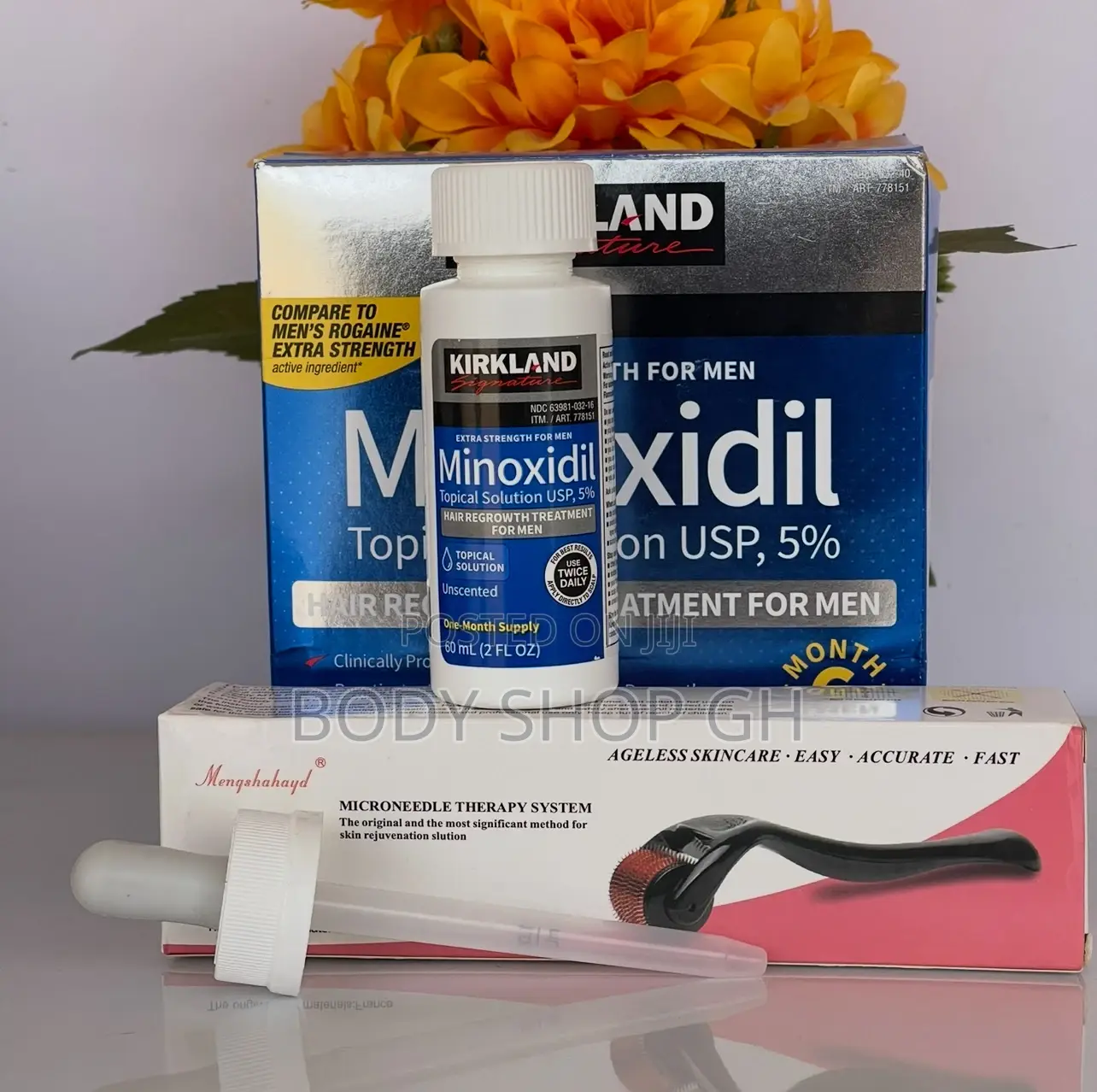 Undiluted Kirkland Minoxidil + Derma Roller for Hair and Beard Growth.