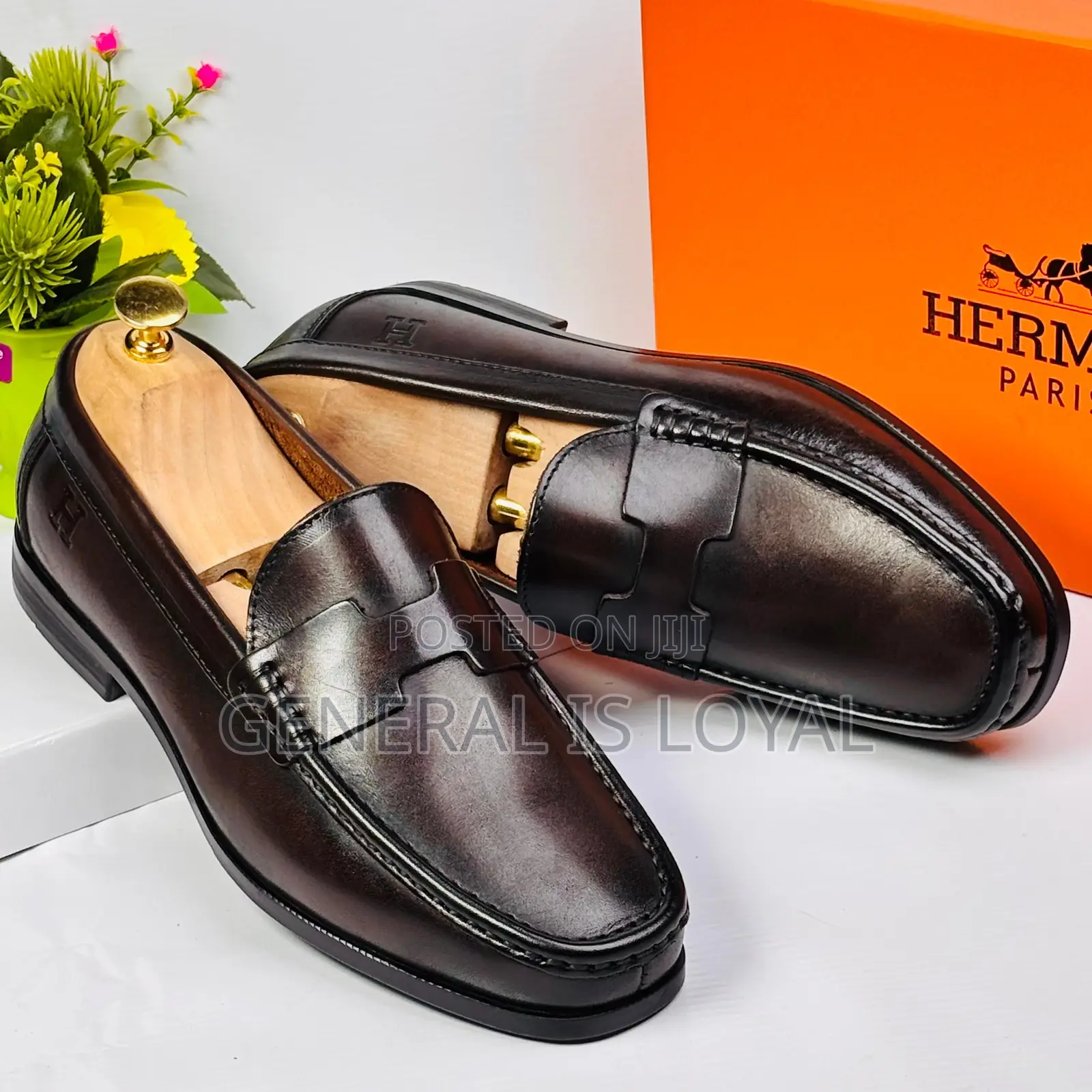 Hermes Coffee Mens Penny Loafers Shoe