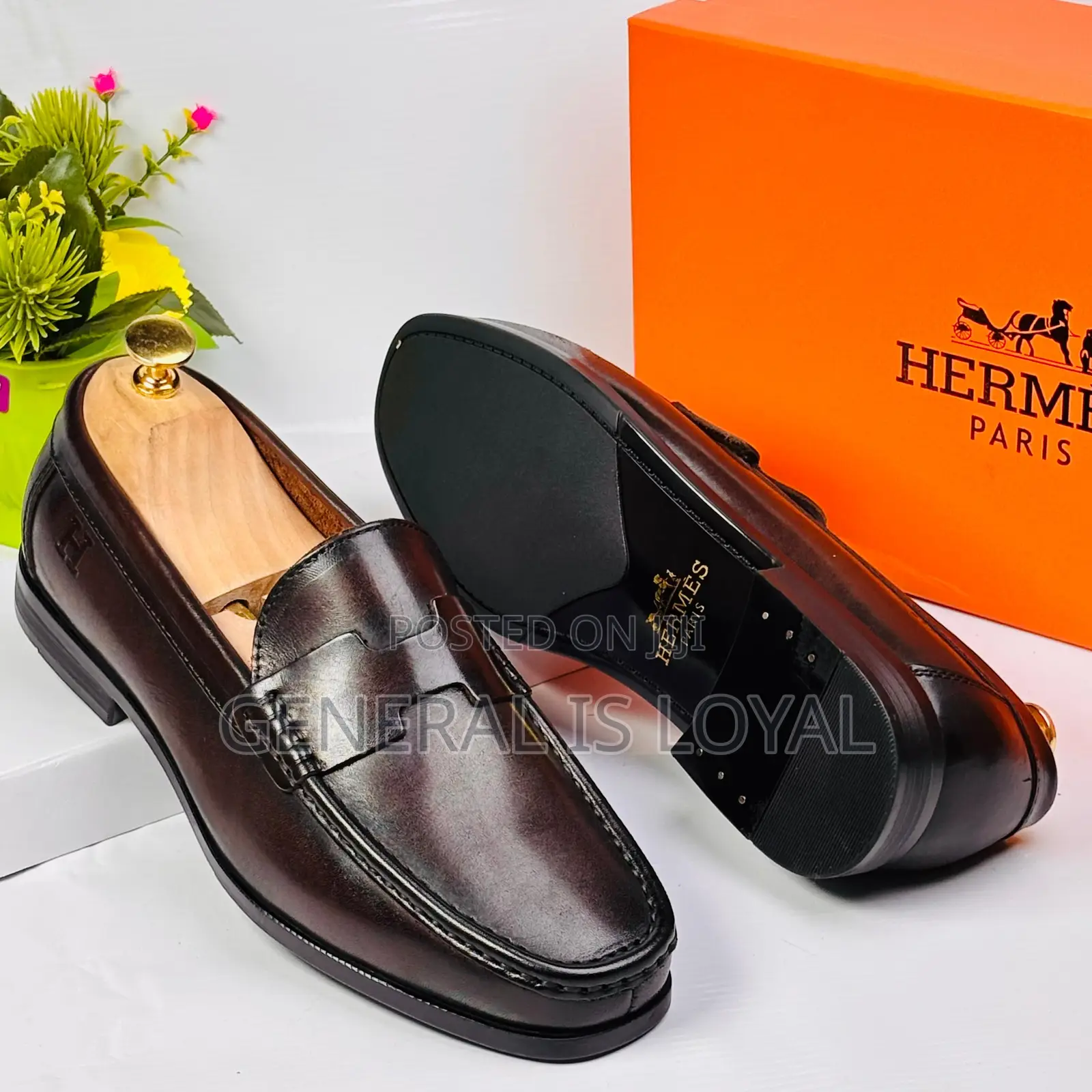 Hermes Coffee Mens Penny Loafers Shoe