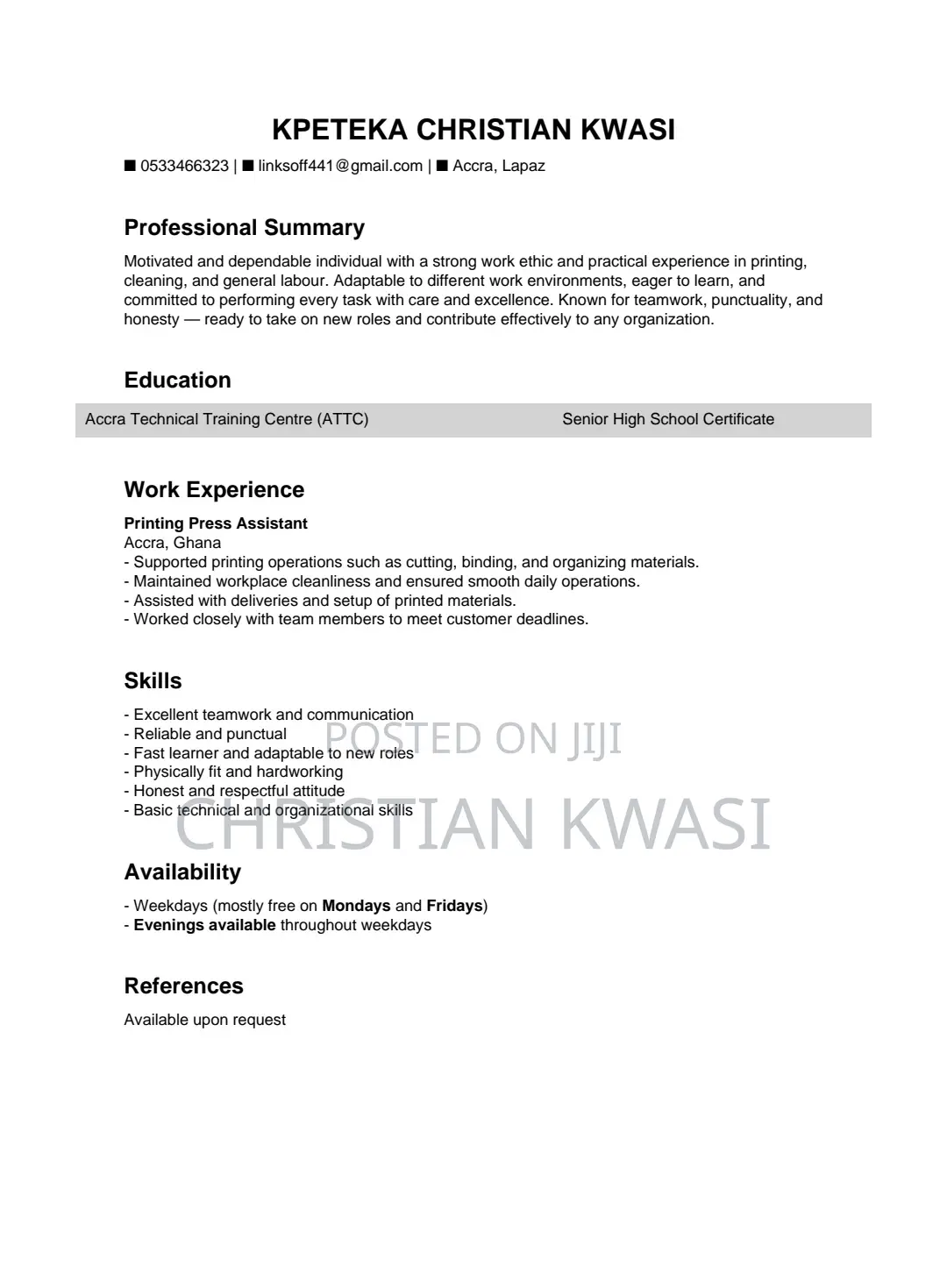 Part-Time Weekdays CV