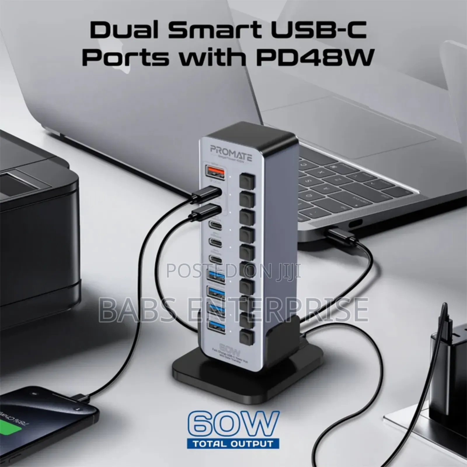 Promate Gegatower-60w Fast Charge Multi-port Usb-c Tower Hub