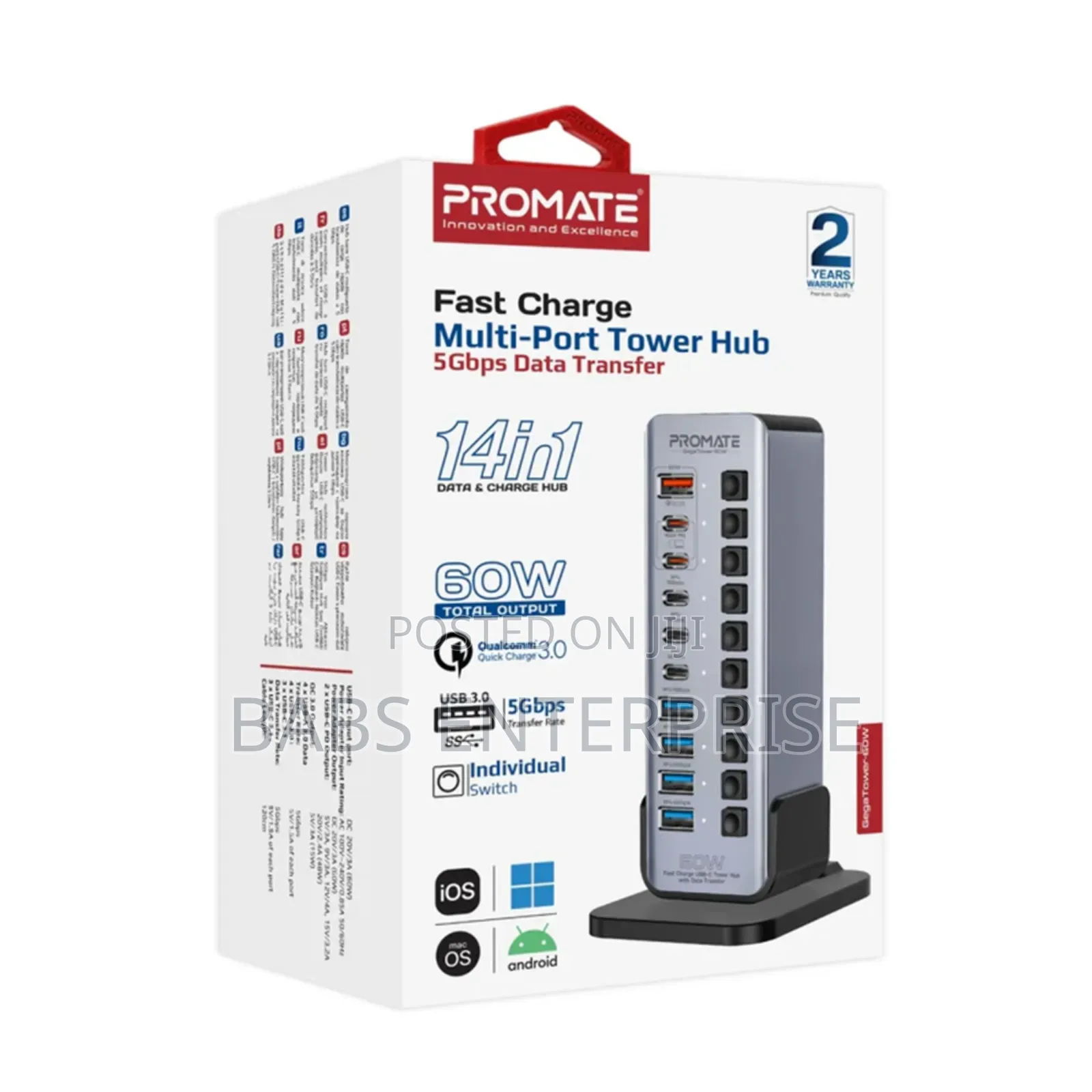 Promate Gegatower-60w Fast Charge Multi-port Usb-c Tower Hub