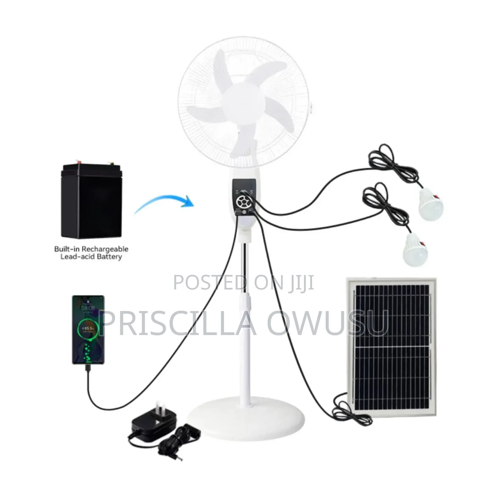 16 Inches Rechargeable Fan With Solar Panel, Remote and Extra Bulbs
