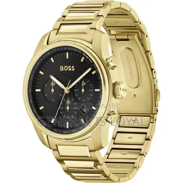 Hugo Boss Trace Chronograph Black Dial Gold Steel Strap Watch For Men