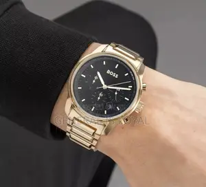Hugo Boss Trace Chronograph Black Dial Gold Steel Strap Watch For Men