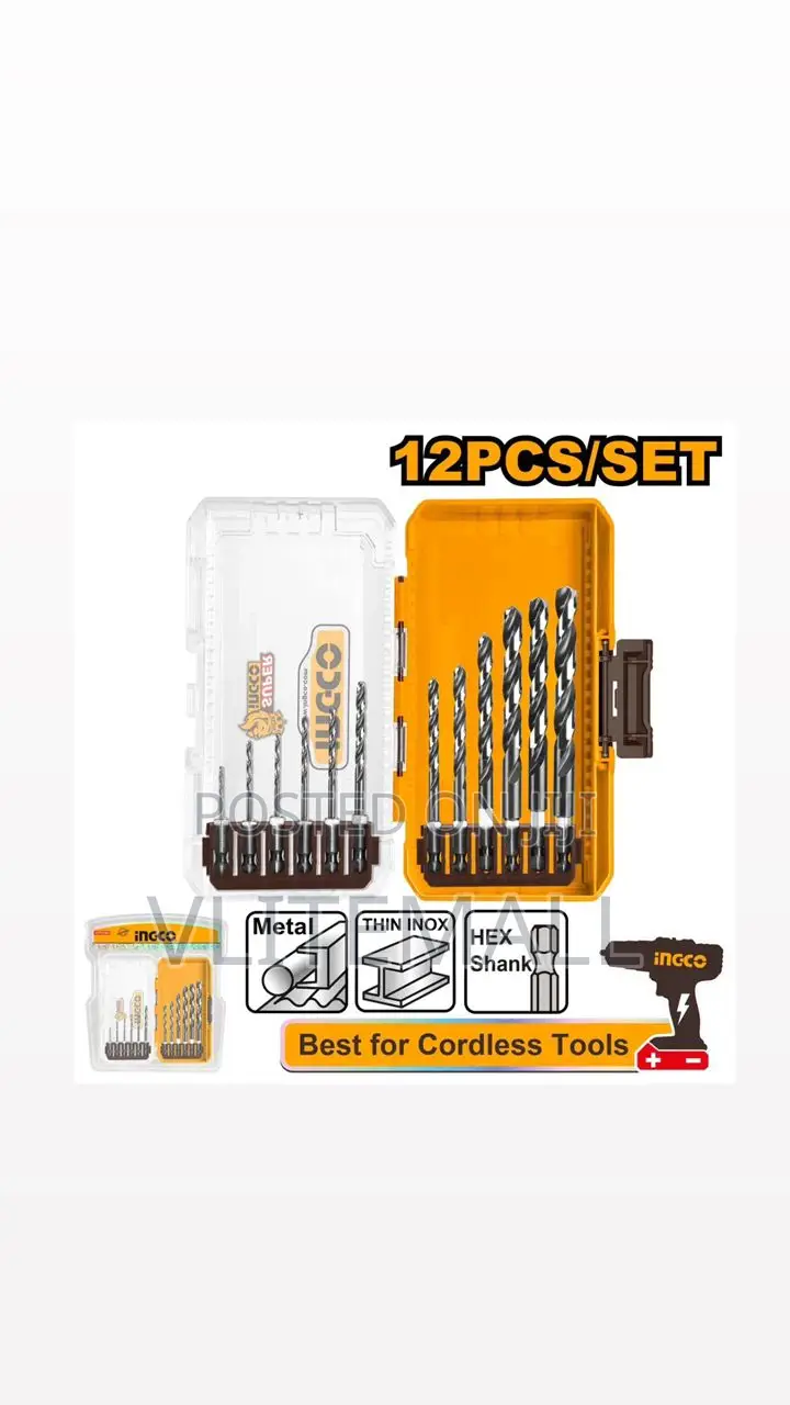 Ingco Akdl11206 Industrial Hex 1-10mm Metal Drill Bit Set, 12 Pieces