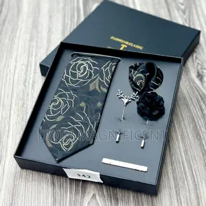 Men’S Necktie Set (Rose Pattern,Pocket Square,Lapel Pins Tie Clip )