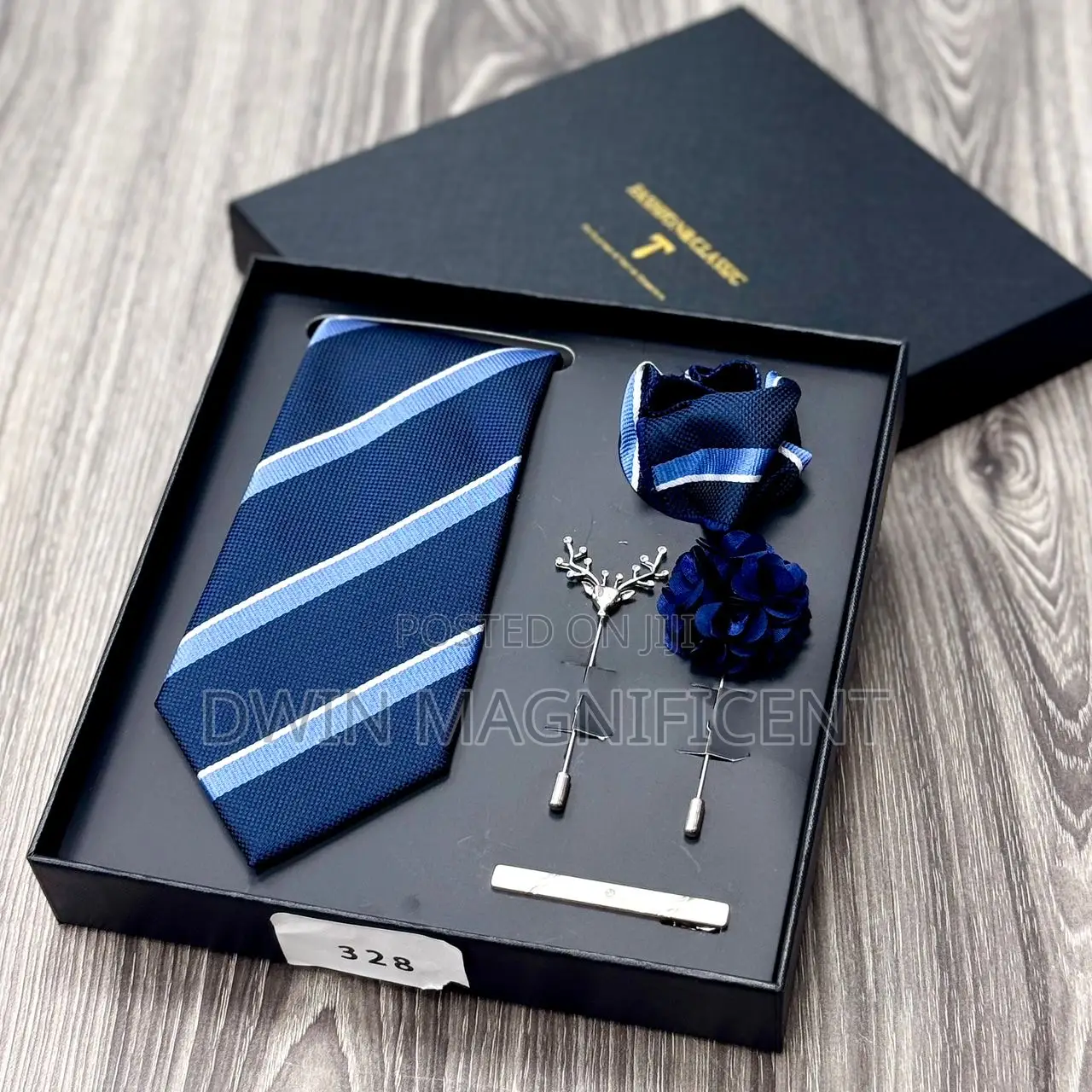 Men’S Necktie Set (Rose Pattern,Pocket Square,Lapel Pins Tie Clip )