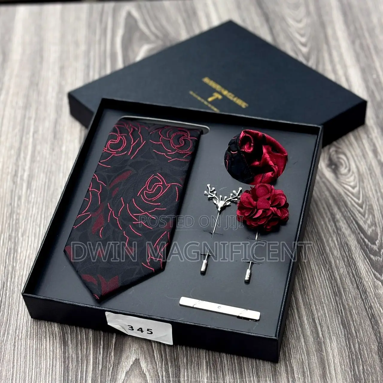 Men’S Necktie Set (Rose Pattern,Pocket Square,Lapel Pins Tie Clip )