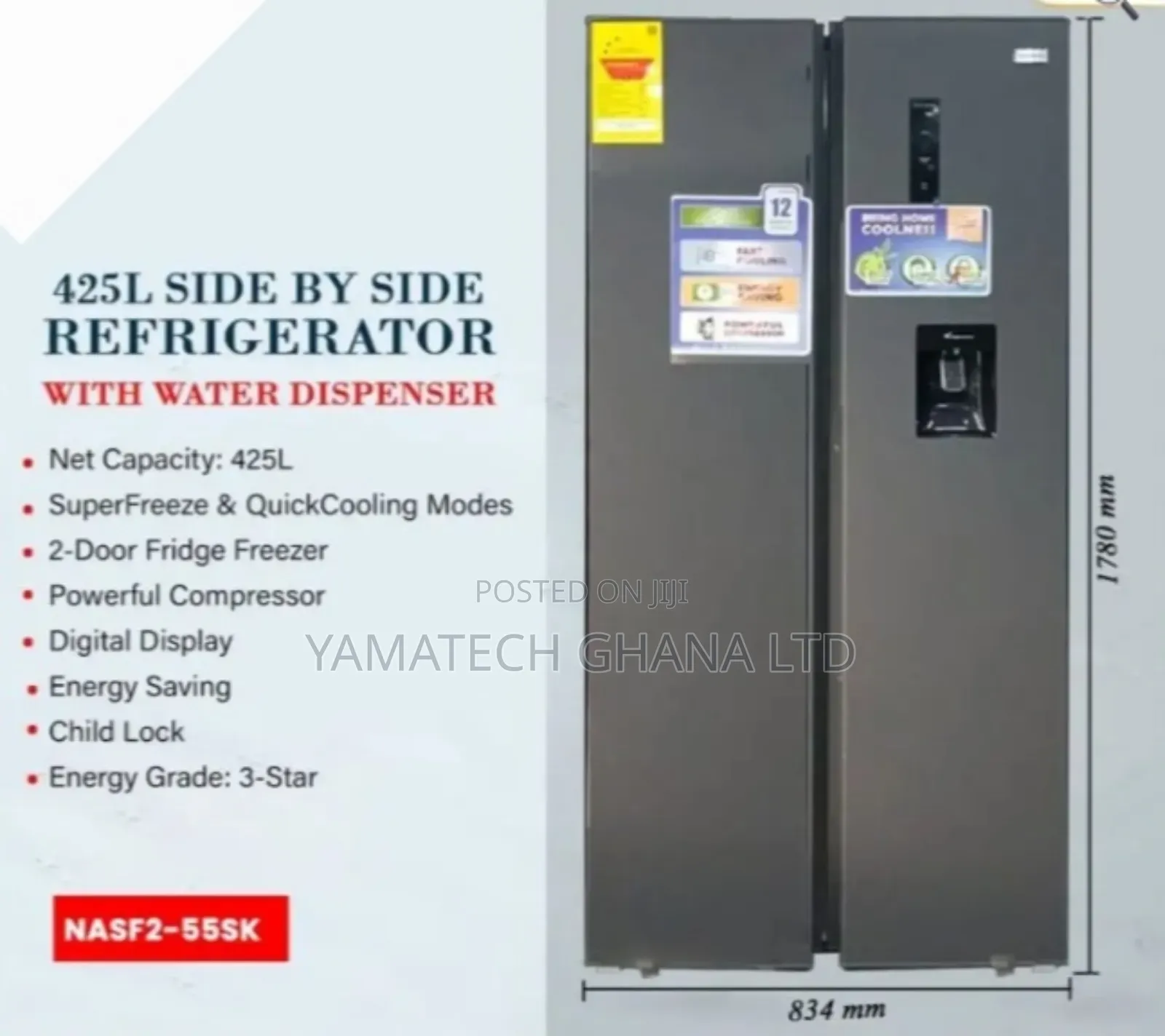 Quality Energy Saving Nasco 425 Litre Side By Side Dispenser Fridge