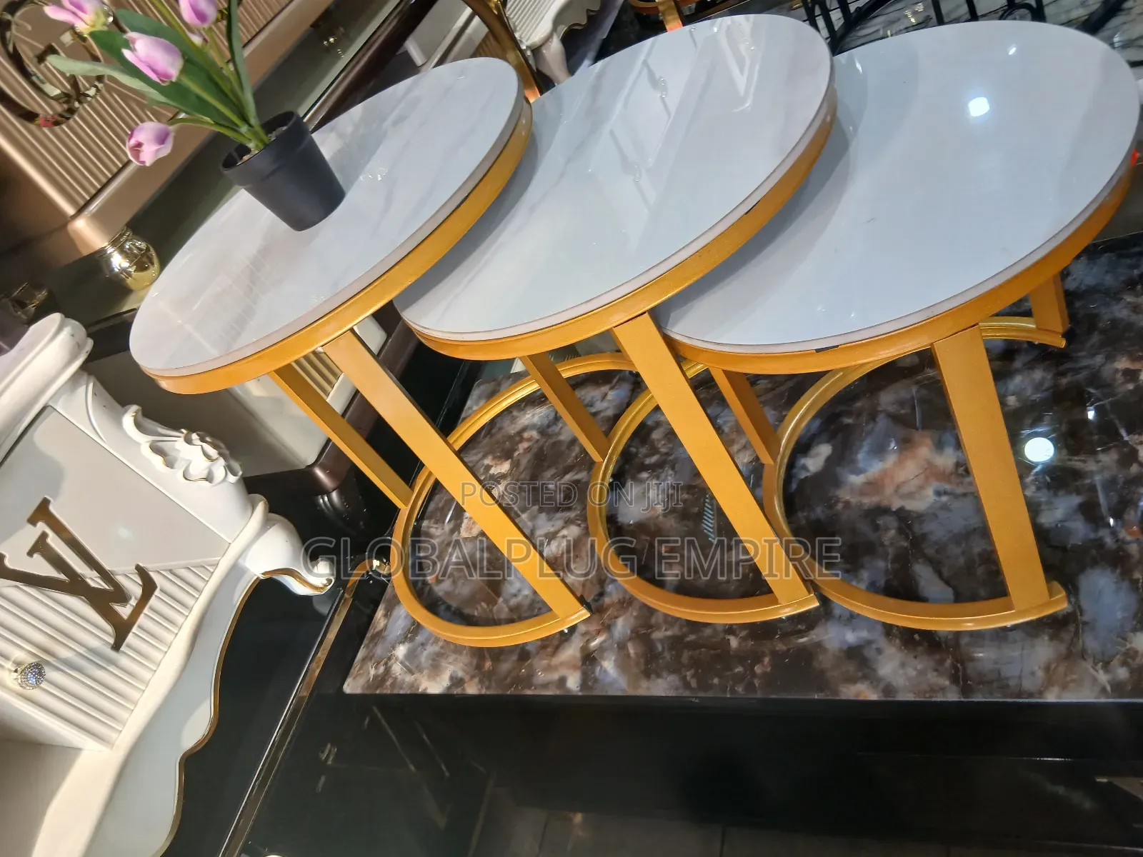 Set of 3 Metal Frame Coffee Table Modern Stackable Center Table Marble