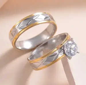Sleek Two Piece Gold Ring Set for Engagement Wedding