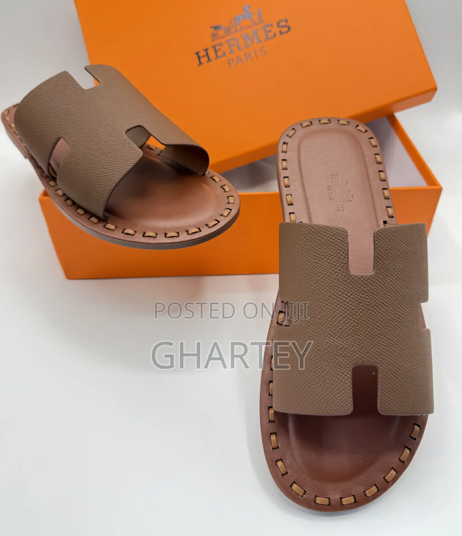 Hermès-Inspired Etoupe Epsom Leather “H” Slide Sandals