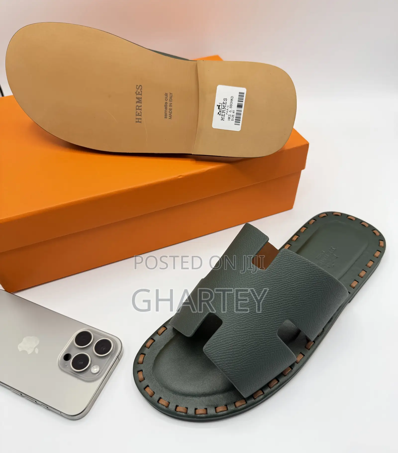 Hermès-Inspired Vert Rousseau Crocodile-Embossed “H” Slides
