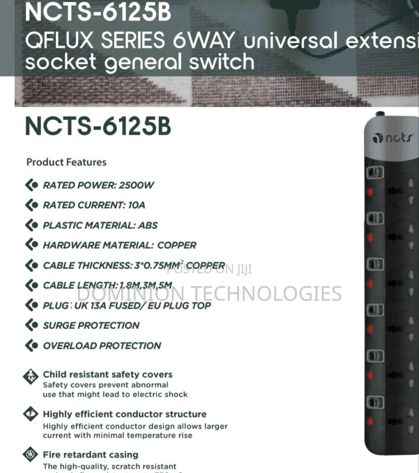 NCTS-6125b 6way Extension Sockets Universal 1.8m