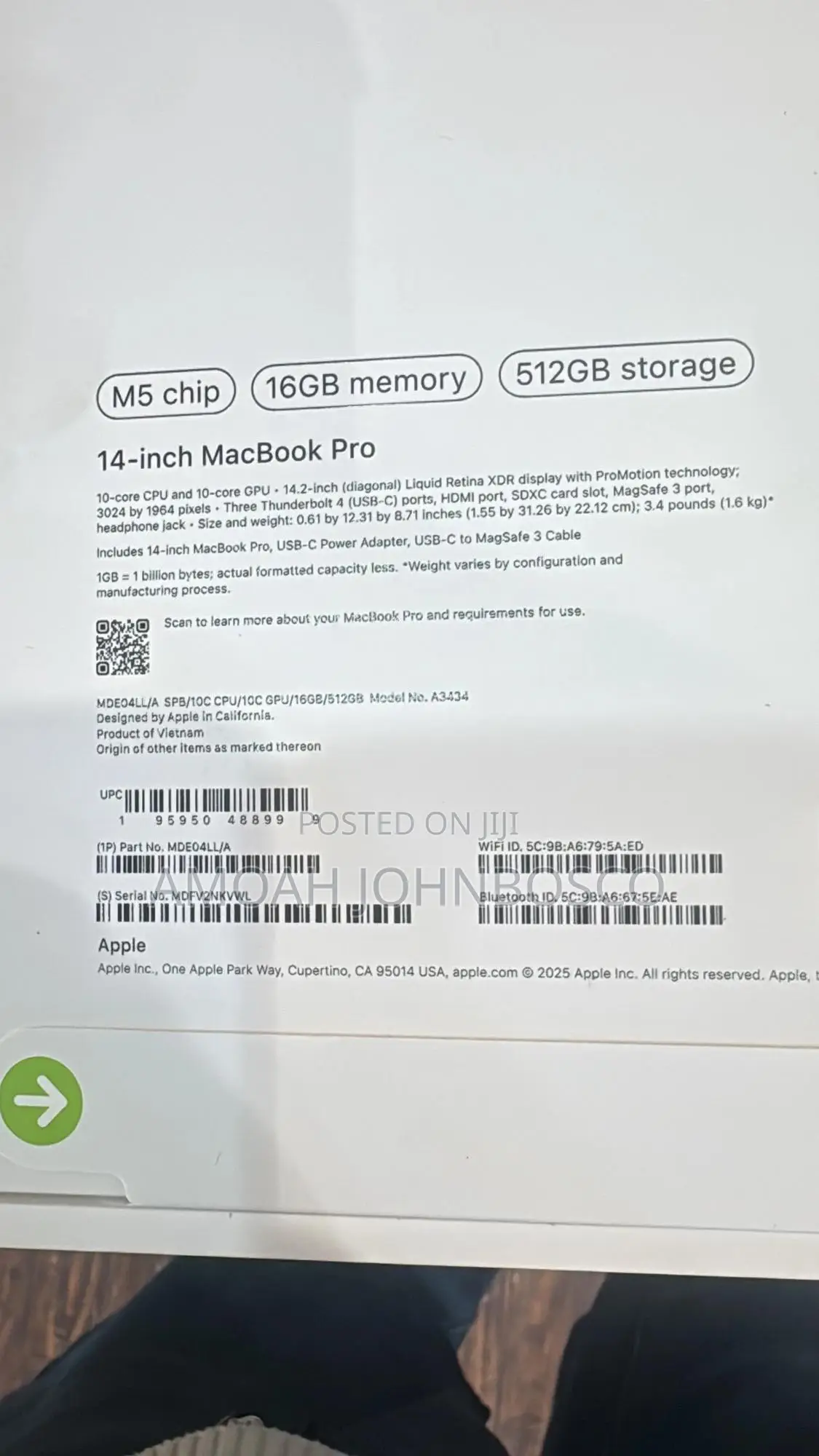 New Laptop Apple Macbook Pro 2025 M5 14-Inch 16GB SSD 512GB