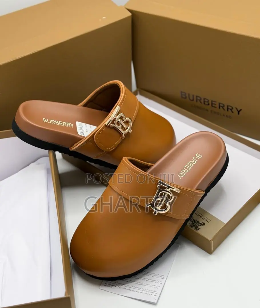Burberry Monogram Motif Leather Clogs - Black, Brown White