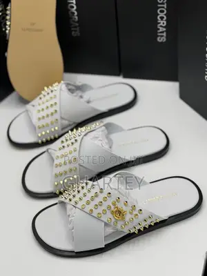 Aristocrat Luxe Studded Cross-Strap Slippers – Black, White Gold