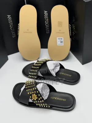 Aristocrat Luxe Studded Cross-Strap Slippers – Black, White Gold