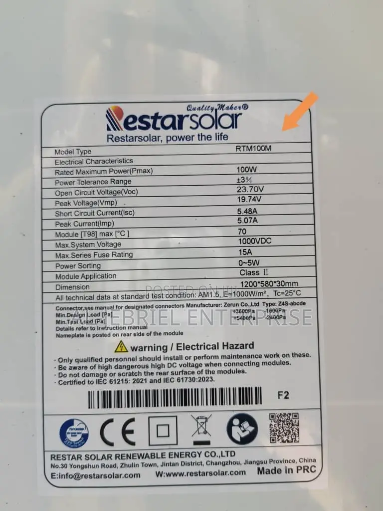 100 Watts Solar Panel (Monocrytalline)