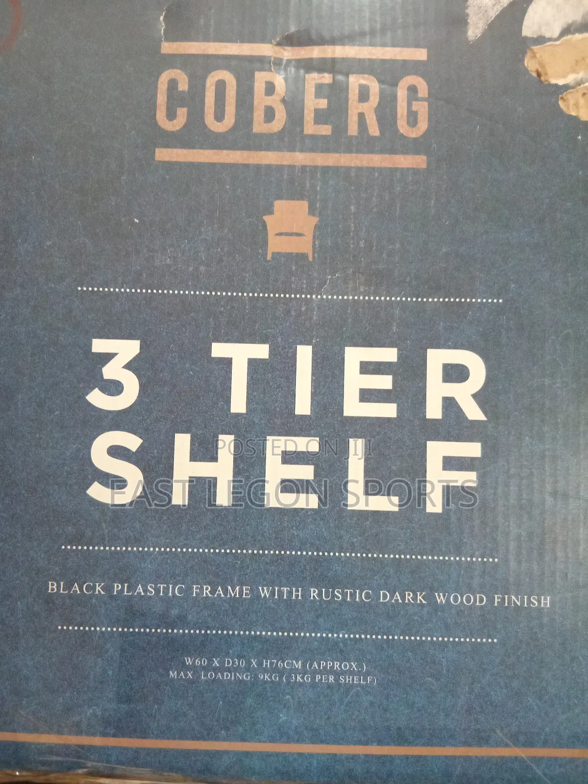 Coberg.3 Tier Shelf Black Plastic Frame With Rustic Dark Wood Finish