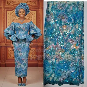 Light Blue Lace With Sequin and Shimmering Effect of Pink and Purple