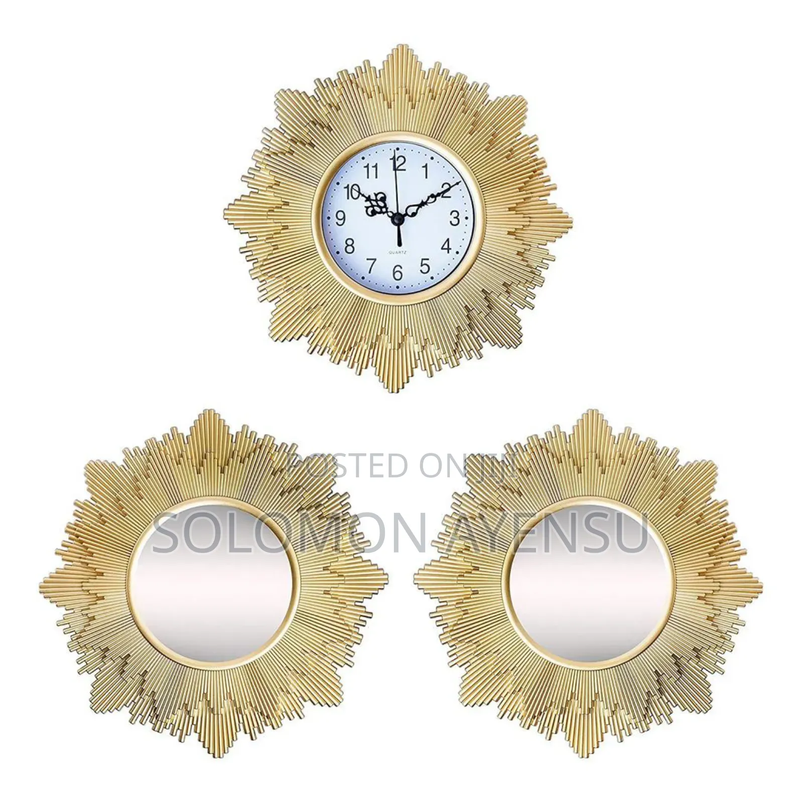 Quality Gold-Toned Plastic Tied Ribbons Wall Mirror With Clock Set.