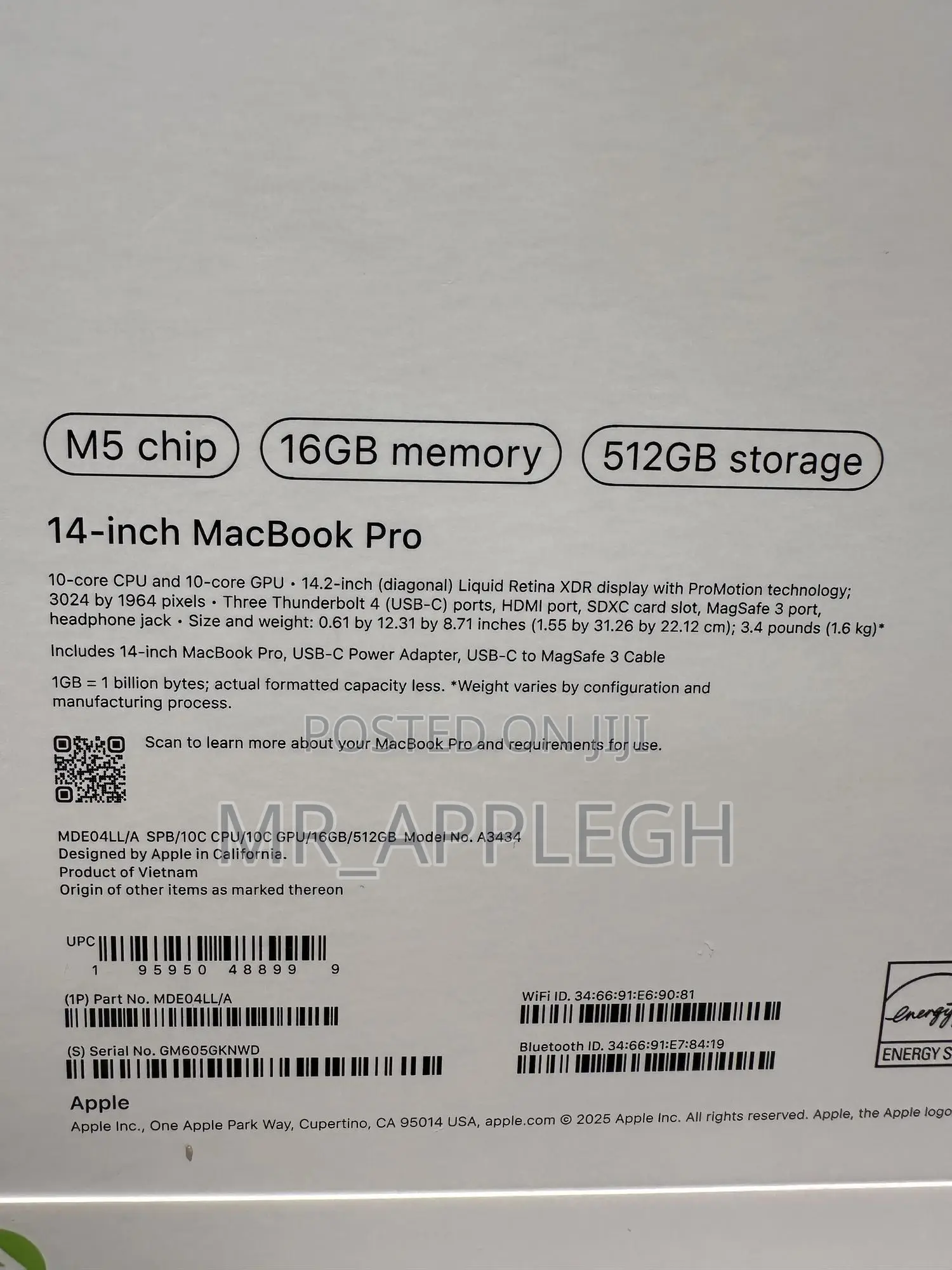 New Laptop Apple Macbook Pro 2025 M5 14-Inch 16GB Apple M5 SSD 512GB