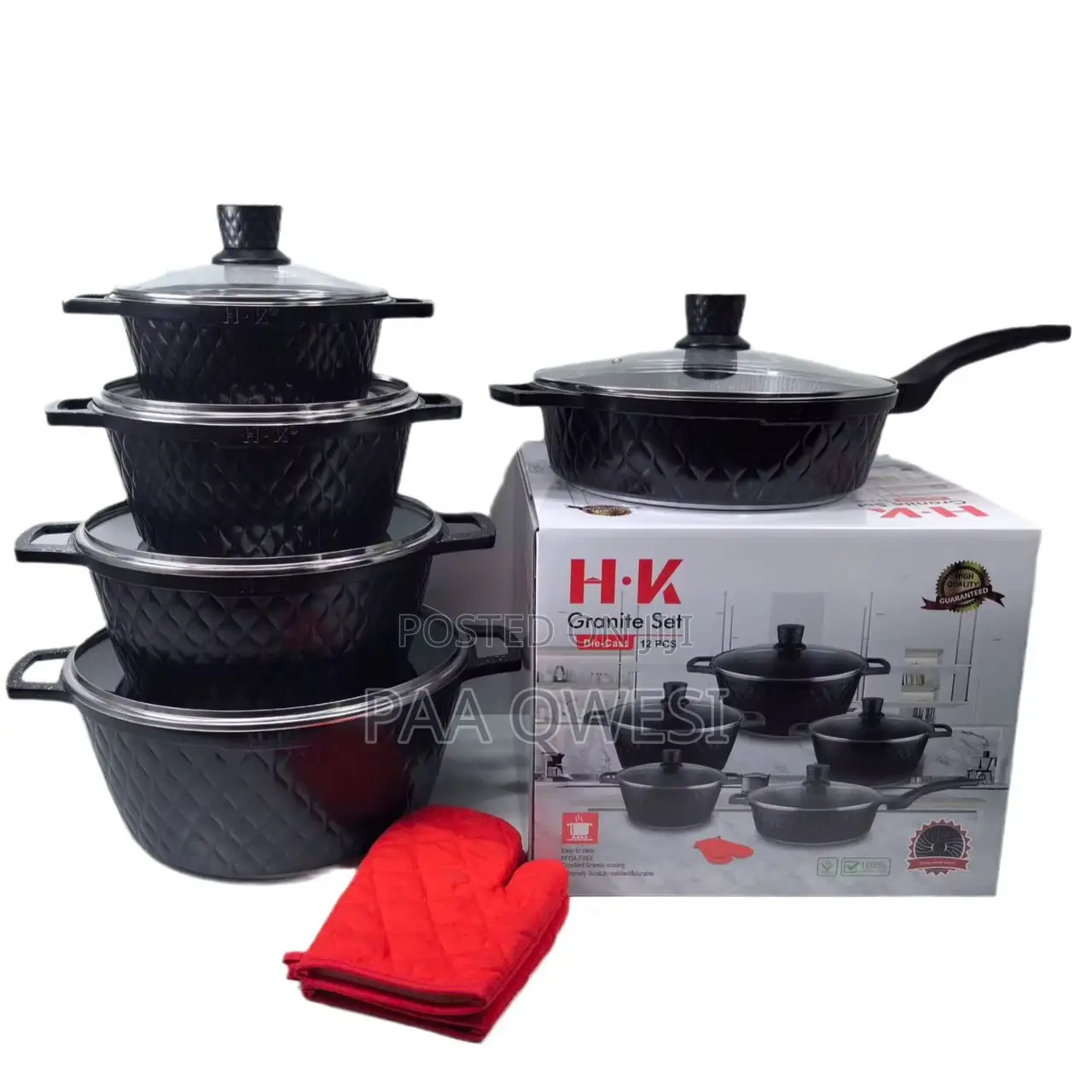 H·Vk 12 Pieces Granite Pot Set With Glass Lids