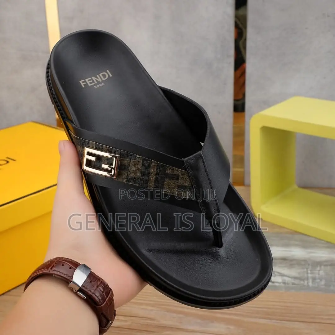 Fendi Roma Black Leather Slippers