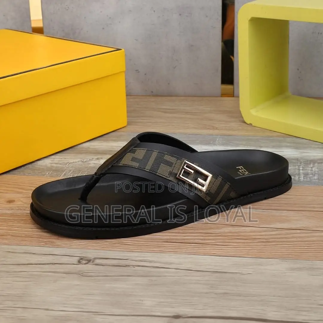 Fendi Roma Black Leather Slippers